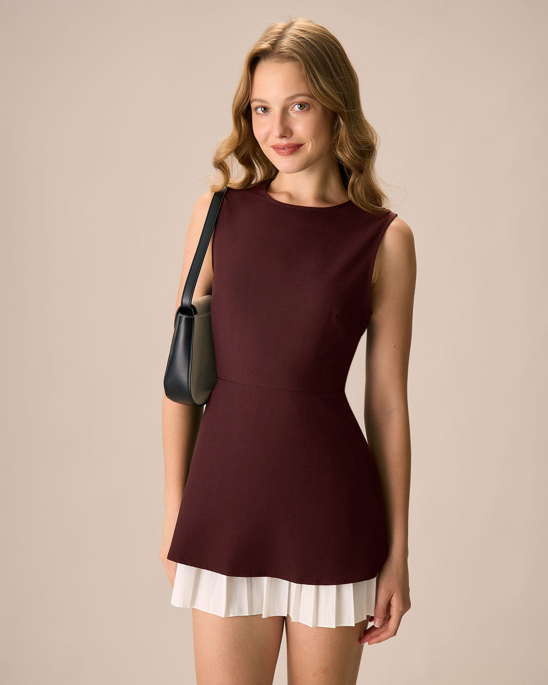 Wine Red Contrast Sleeveless Mini Dress