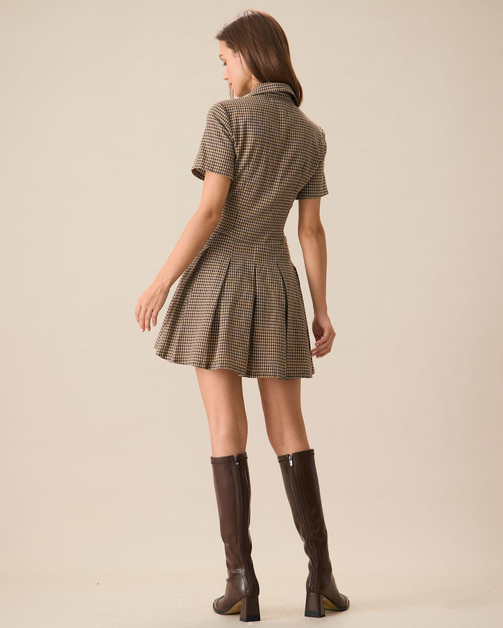 Brown Plaid Lapel Pleated Mini Dress