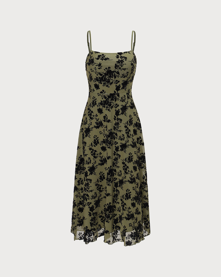 The Green Floral Burnout A-Line Slip Midi Dress