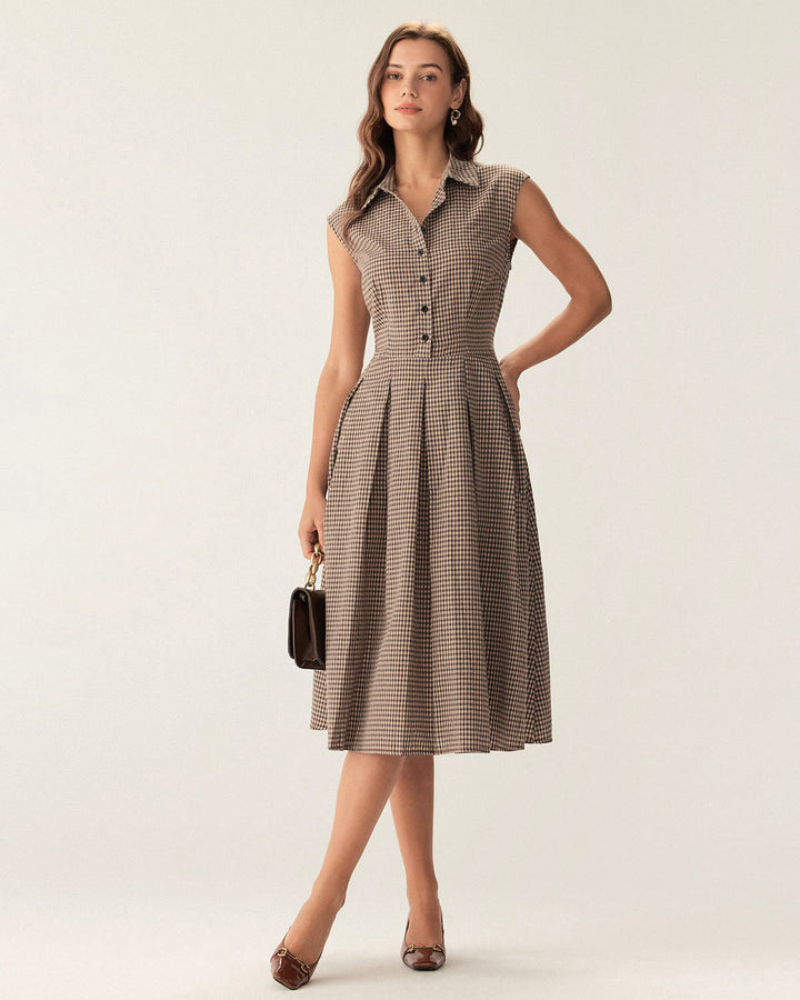 Brown Plaid Button Pleated Midi Dress