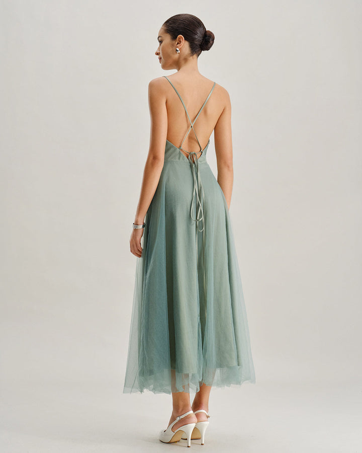 Green Mesh Flowy Slip Midi Dress