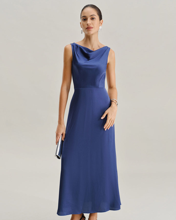 Navy Cowl Neck Satin Sleeveless Maxi Dress