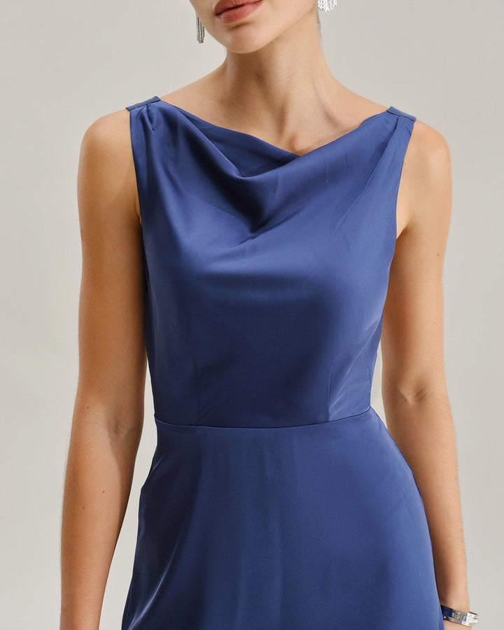 Navy Cowl Neck Satin Sleeveless Maxi Dress
