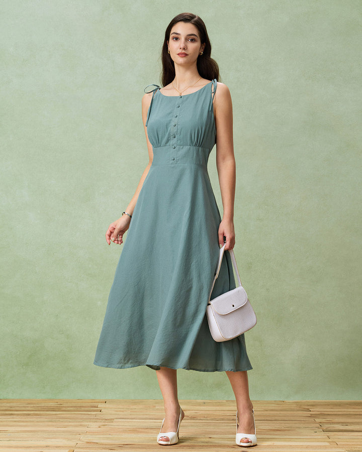 Green Boat Neck Backless Slip Midi Dress