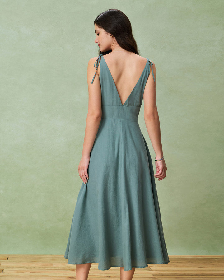 Green Boat Neck Backless Slip Midi Dress