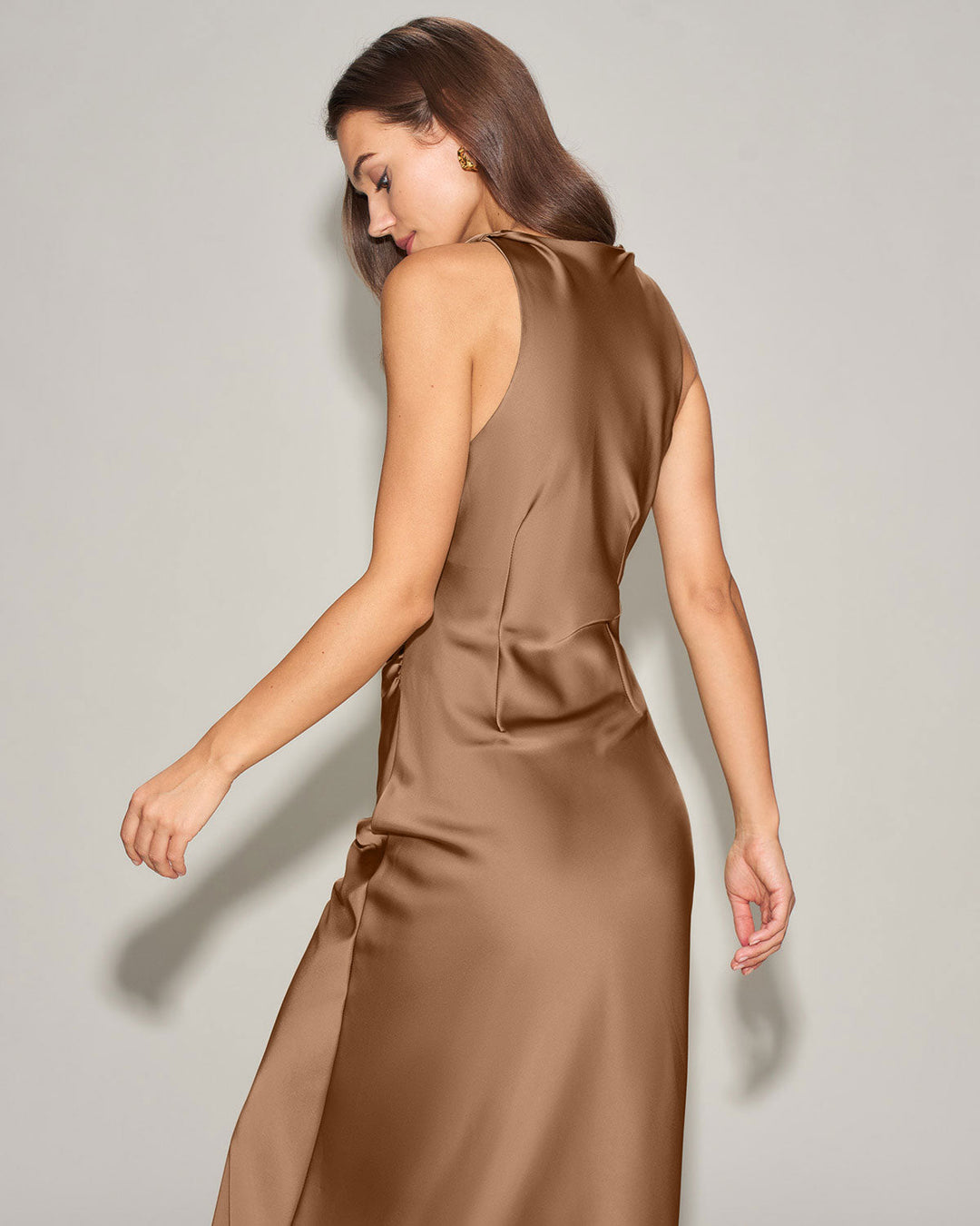 Coffee Satin Boat Neck Slip Midi Dress