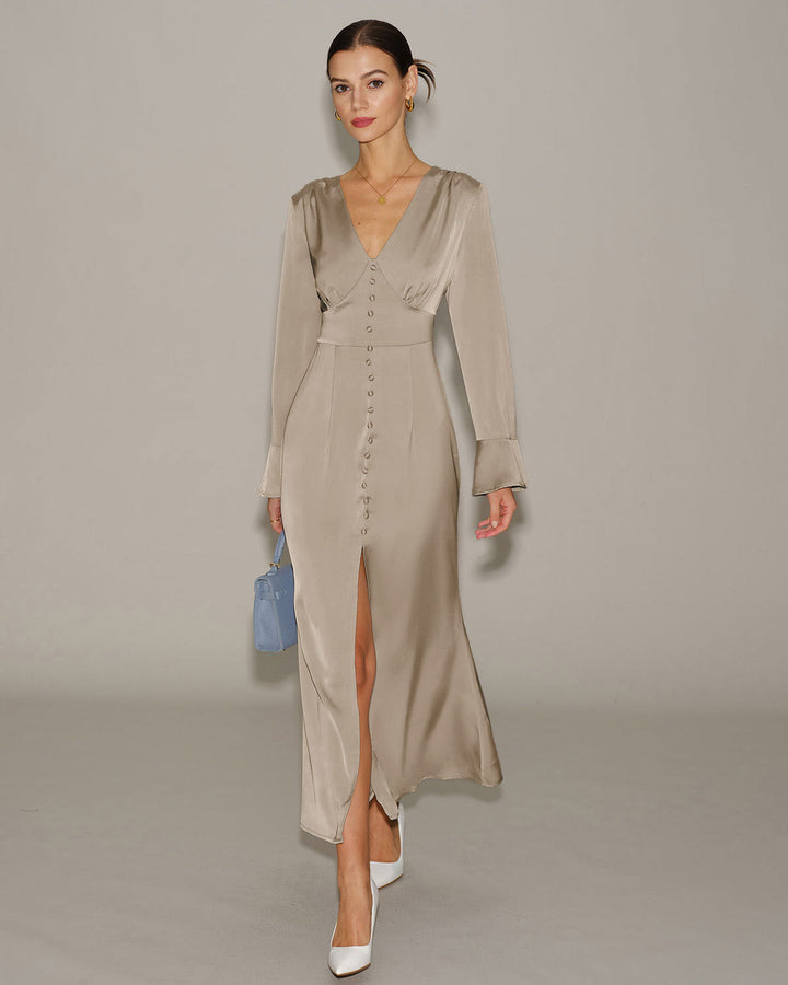 Khaki Satin V Neck Bell Sleeve Maxi Dress
