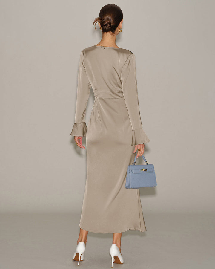 Khaki Satin V Neck Bell Sleeve Maxi Dress