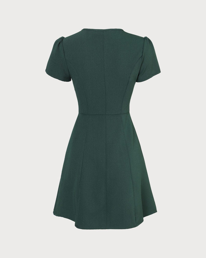The Dark Green V Neck Button-up Shirt Mini Dress