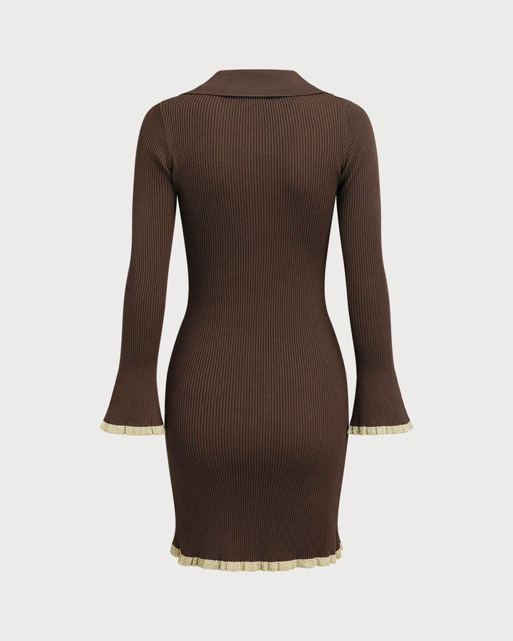 Brown Bodycon Button Sweater Dress