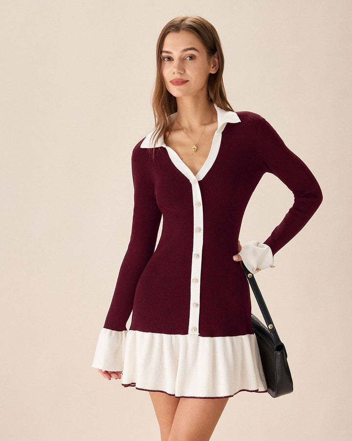 Wine Red Contrasting Sweater Dress
