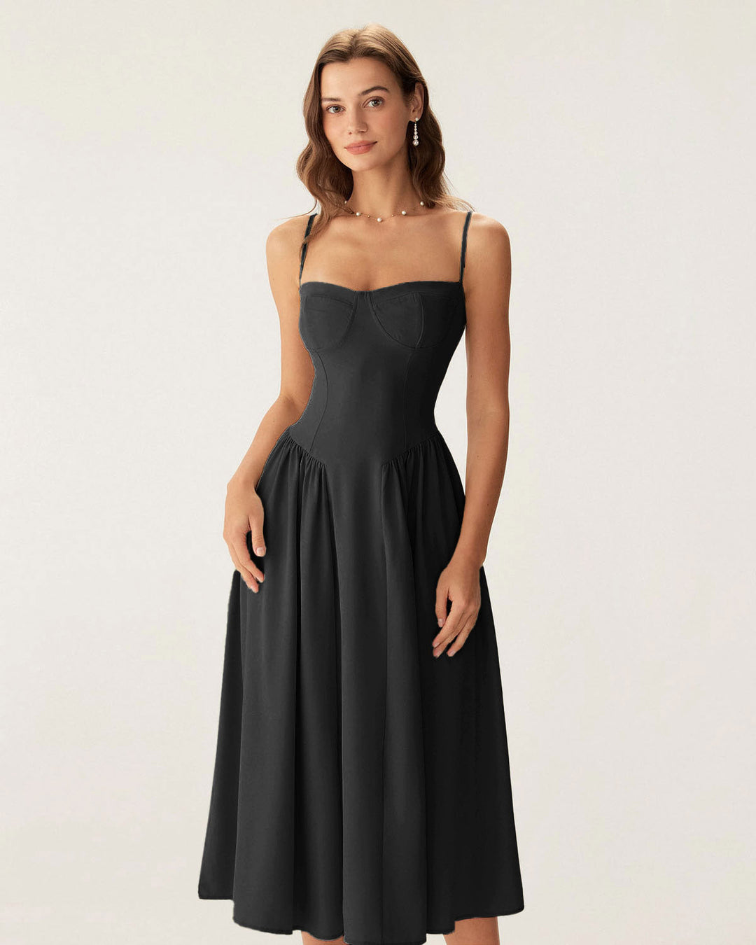 Black Square Neck Pocket Slip Midi Dress