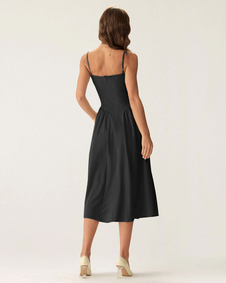 Black Square Neck Pocket Slip Midi Dress