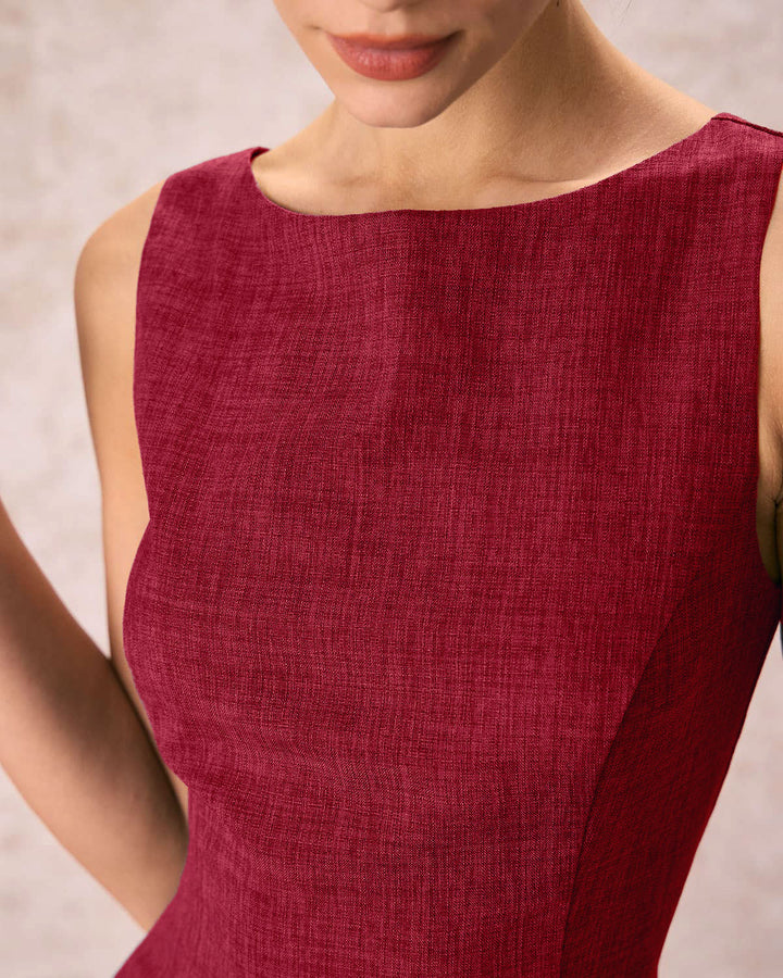 Red Boat Neck A-Line Sleeveless Mini Dress