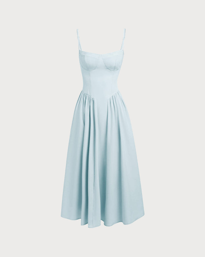 Blue Square Neck Pocket Slip Midi Dress