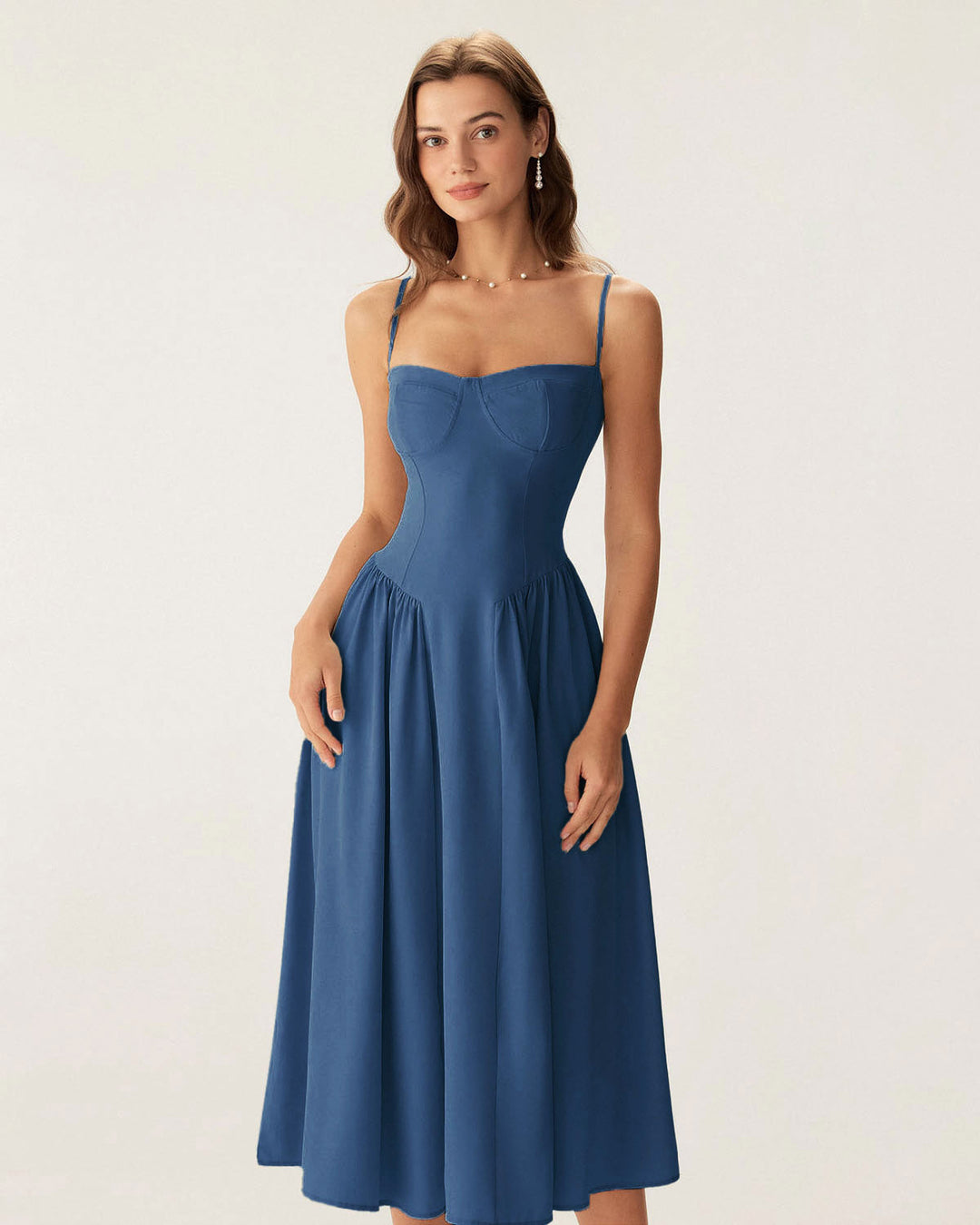 Navy Square Neck Pocket Slip Midi Dress