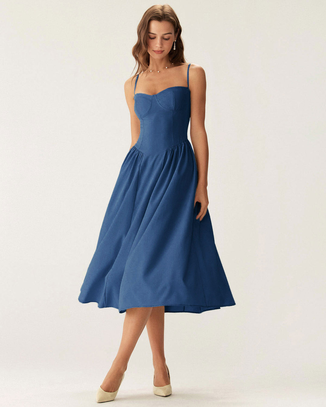 Navy Square Neck Pocket Slip Midi Dress