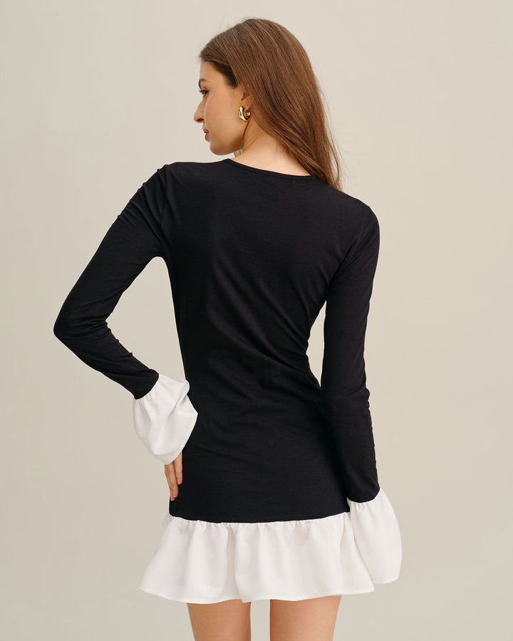 Black Contrasting A-Line Ruffle Mini Dress