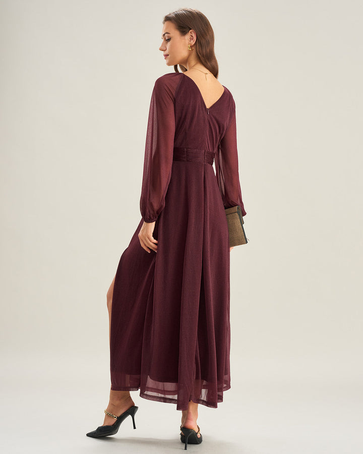 Purple V Neck See Through A-Line Maxi Dresses