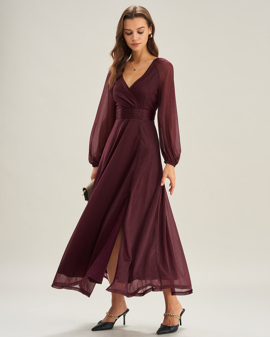 Purple V Neck See Through A-Line Maxi Dresses