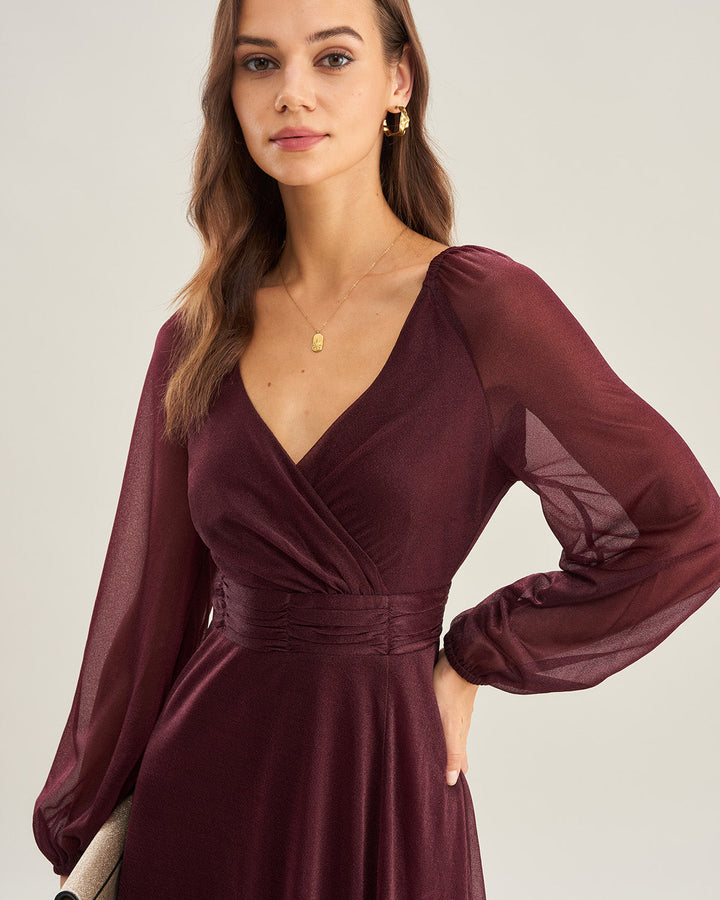 Purple V Neck See Through A-Line Maxi Dresses