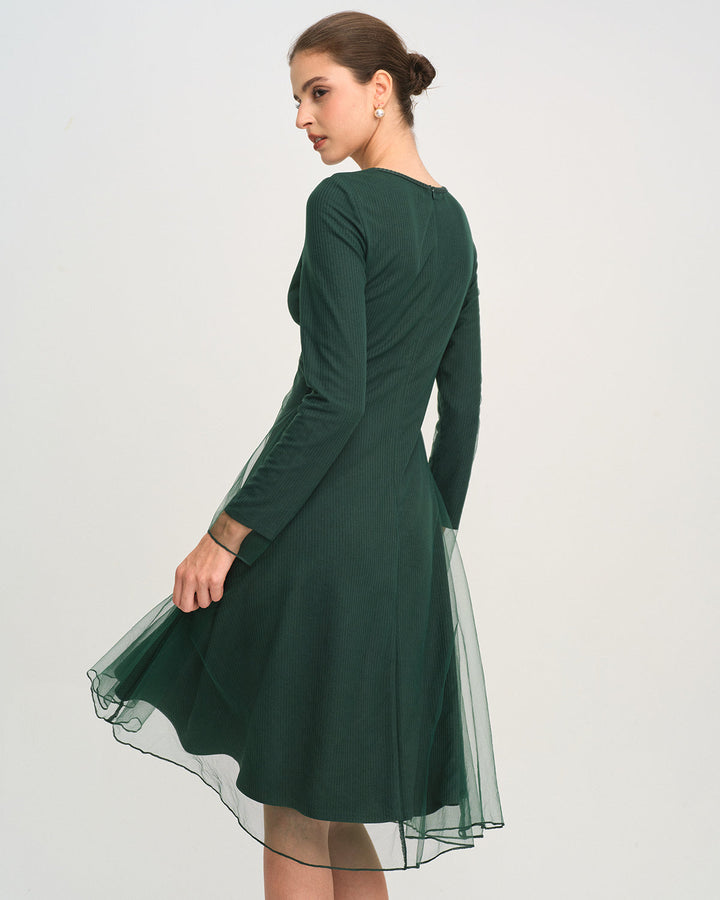 Green Round Neck Knit Mesh Midi Dress