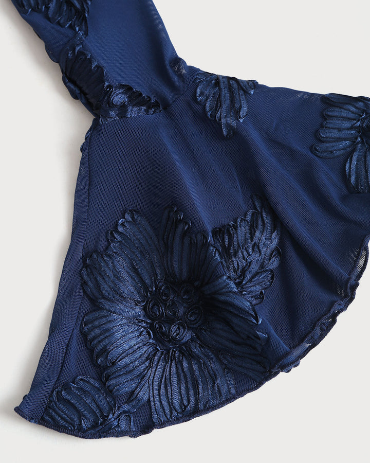 Blue Jacquard Bell Sleeve Backless Mini Dress