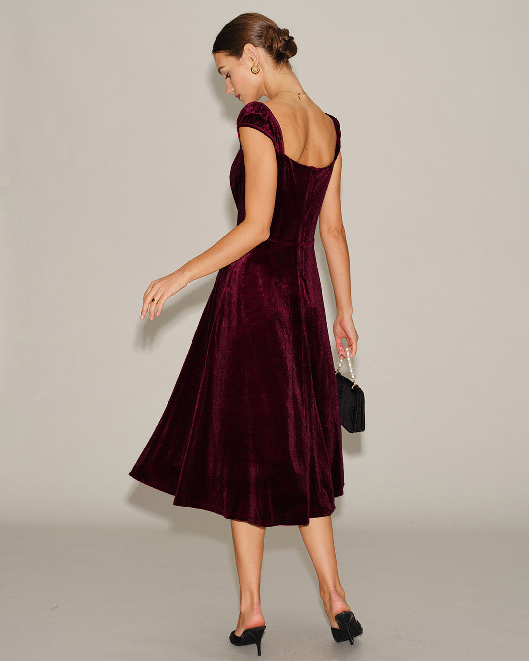 Red Velour Sweetheart Neck Midi Dress