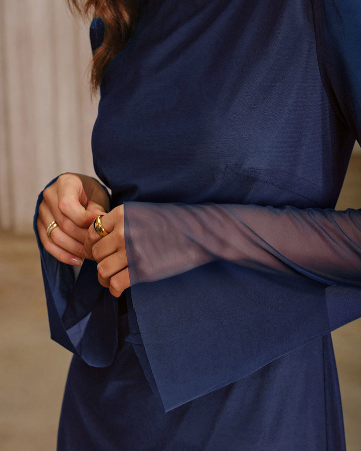 Navy Boat Neck See-Through Mini Dress