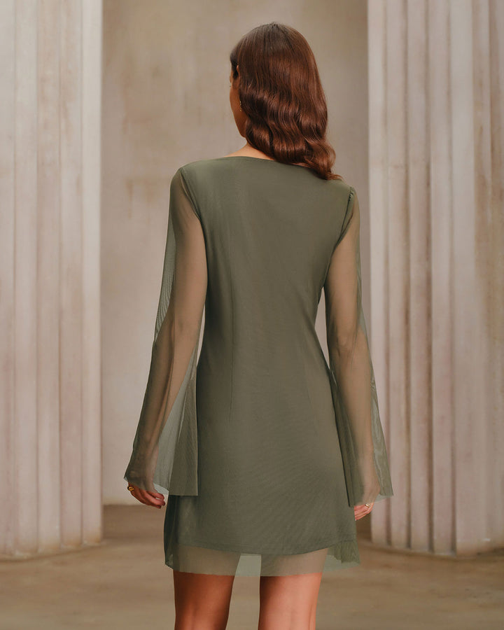 Green Mesh Boat Neck A-Line Mini Dress