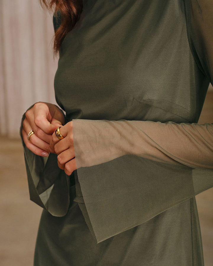 Green Mesh Boat Neck A-Line Mini Dress