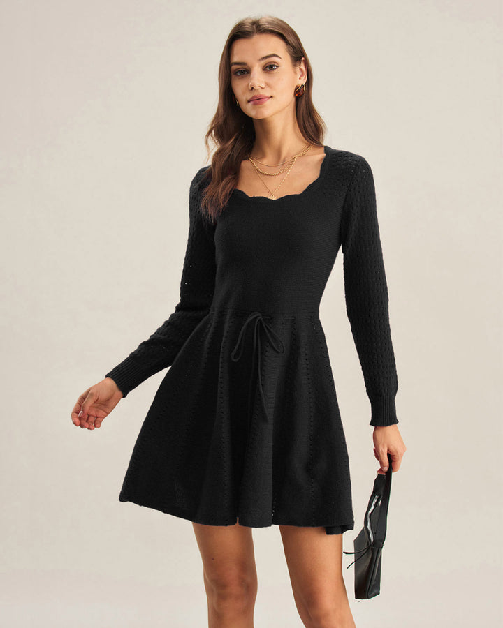 Black Scalloped A-Line Sweater Dress