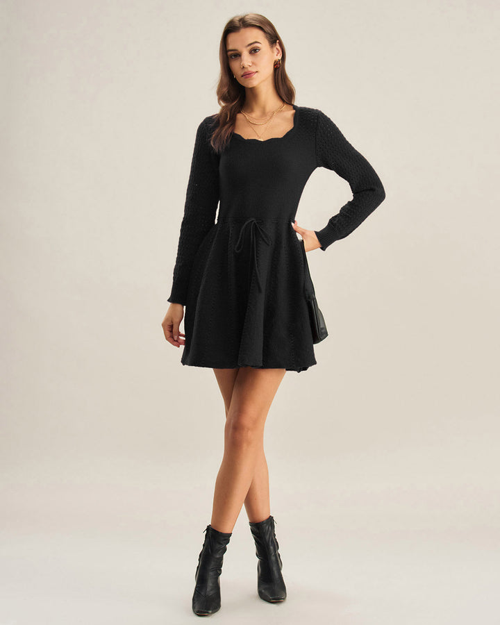 Black Scalloped A-Line Sweater Dress