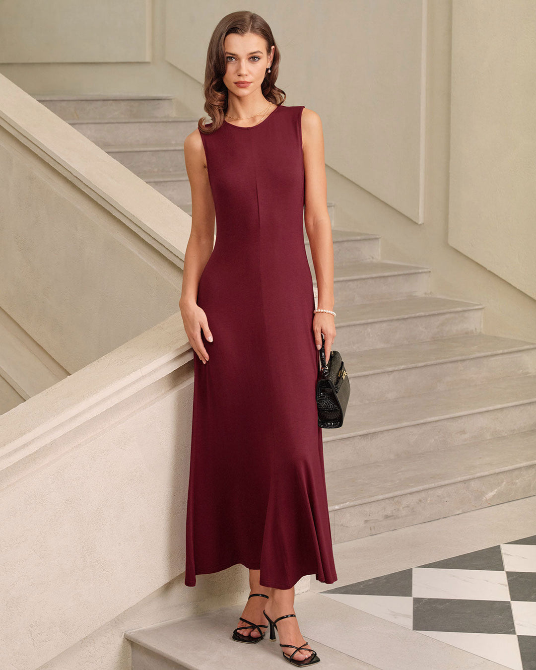 Red Round Neck A-Line Sleeveless Maxi Dress