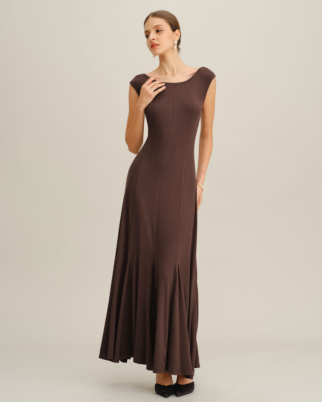Coffee Boat Neck Knit Maxi Dress