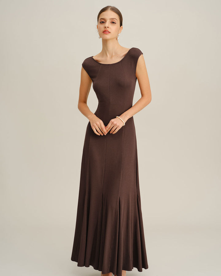 Coffee Boat Neck Knit Maxi Dress