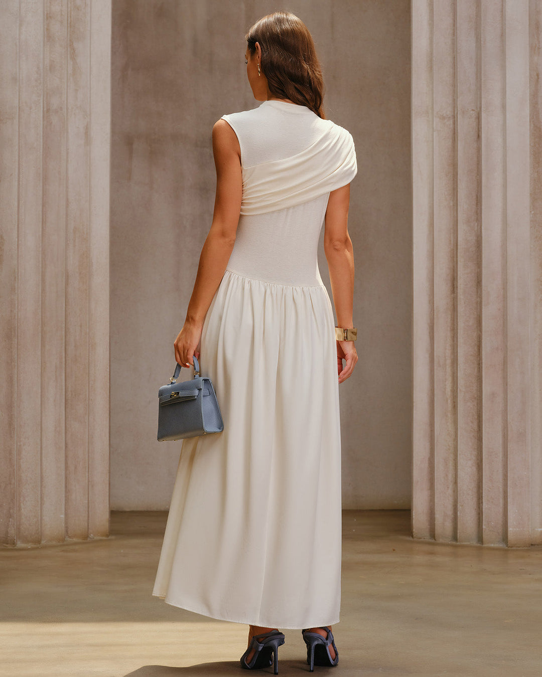 Beige Ruched Cap Sleeve Maxi Dress