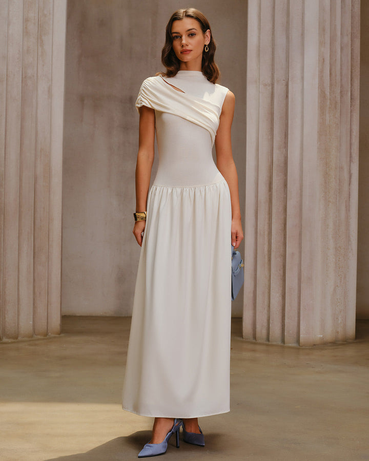 Beige Ruched Cap Sleeve Maxi Dress