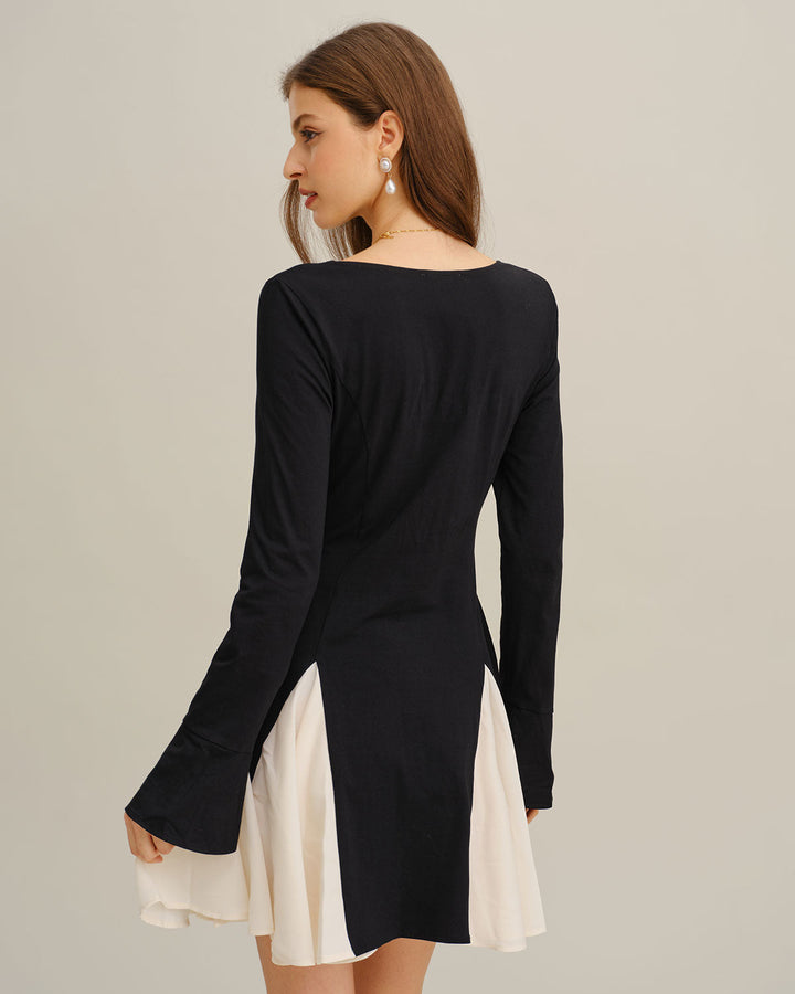 Black Contrasting Bell Sleeve Mini Dress