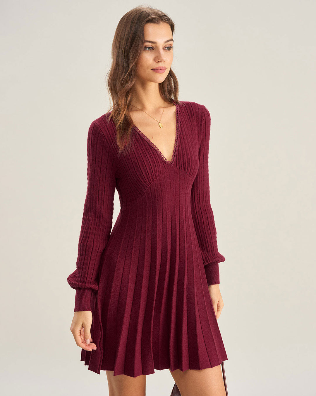 Wine Red V-Neck A-Line Sweater Dress