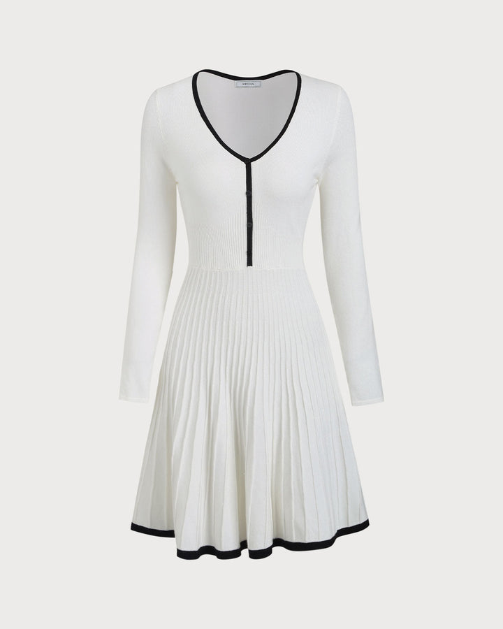 White Contrasting A-Line Sweater Dress