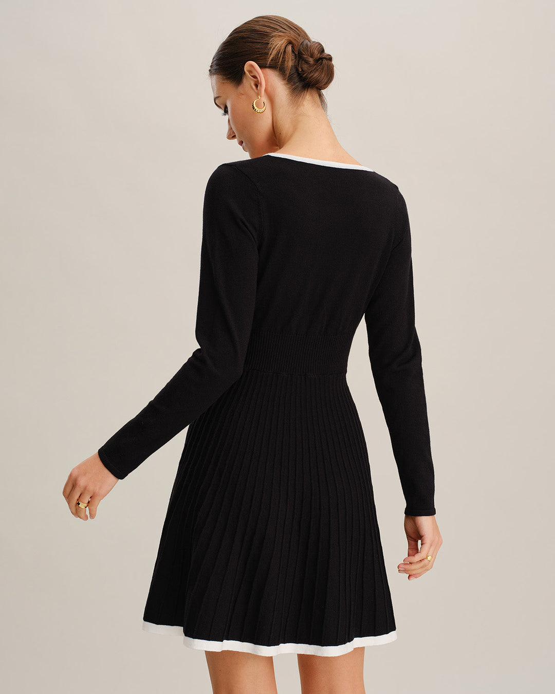 Black Contrasting V Neck Button Sweater Dress