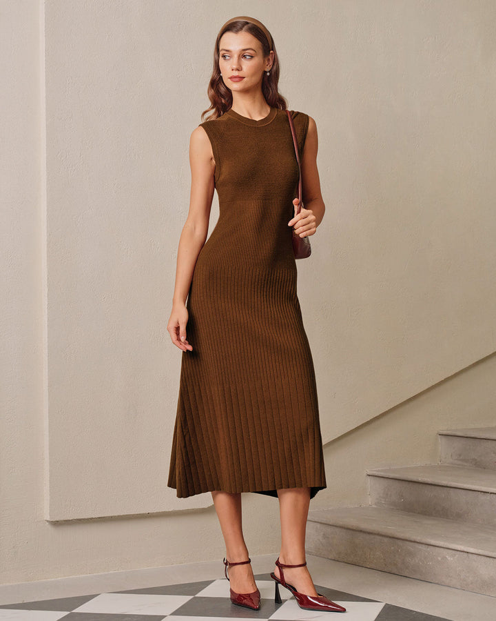 Brown A-Line Sleeveless Sweater Dress