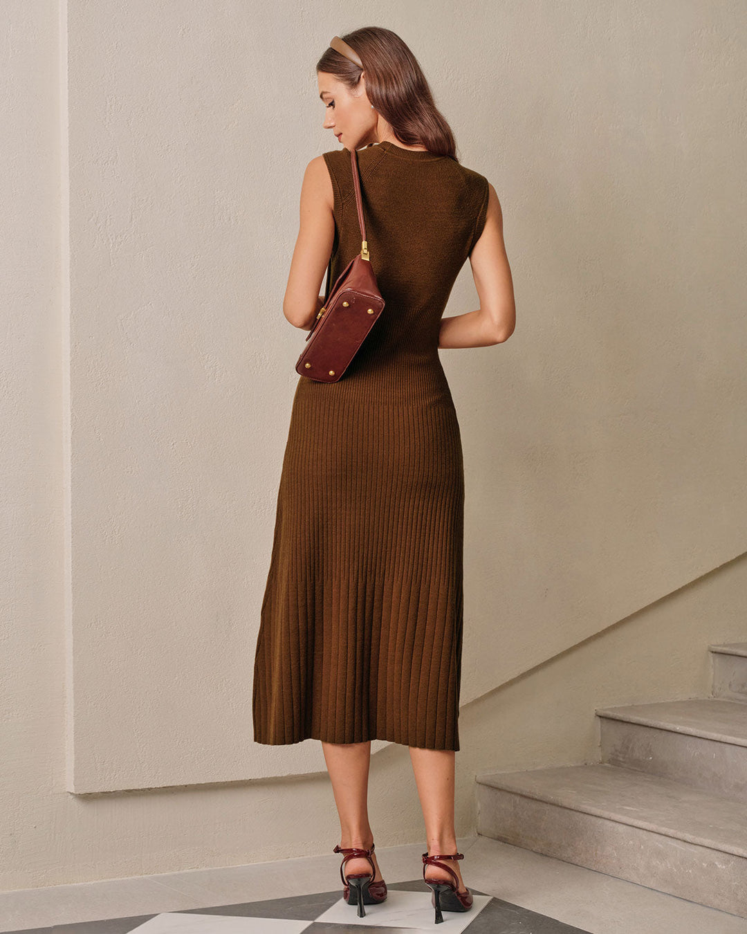 Brown A-Line Sleeveless Sweater Dress