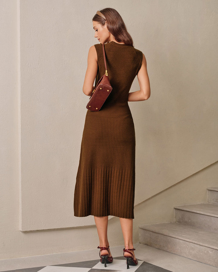 Brown A-Line Sleeveless Sweater Dress