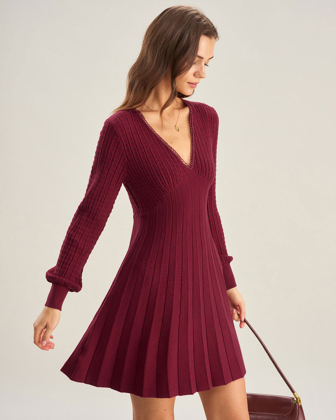 Wine Red V-Neck A-Line Sweater Dress