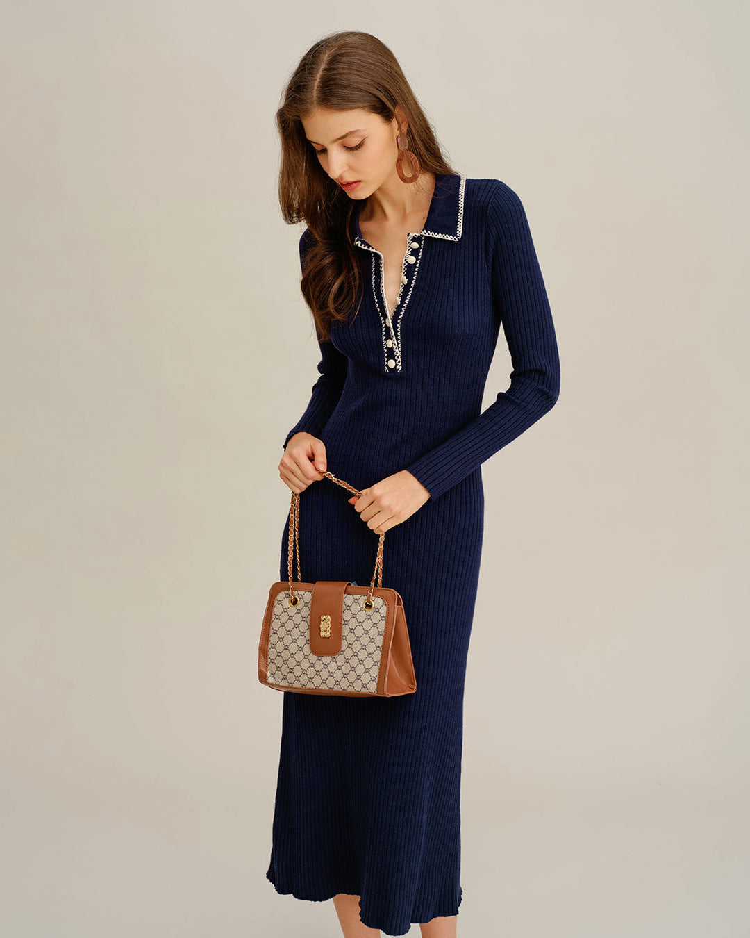 Blue Contrasting Button Sweater Dress