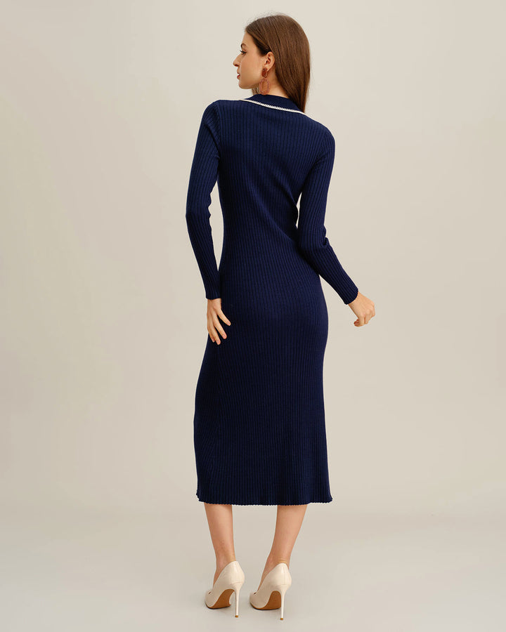 Blue Contrasting Button Sweater Dress
