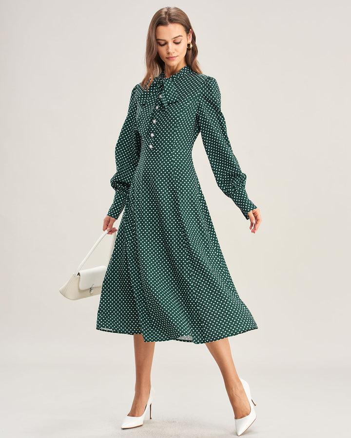 Green Polka Dot Tie Neck Midi Dress