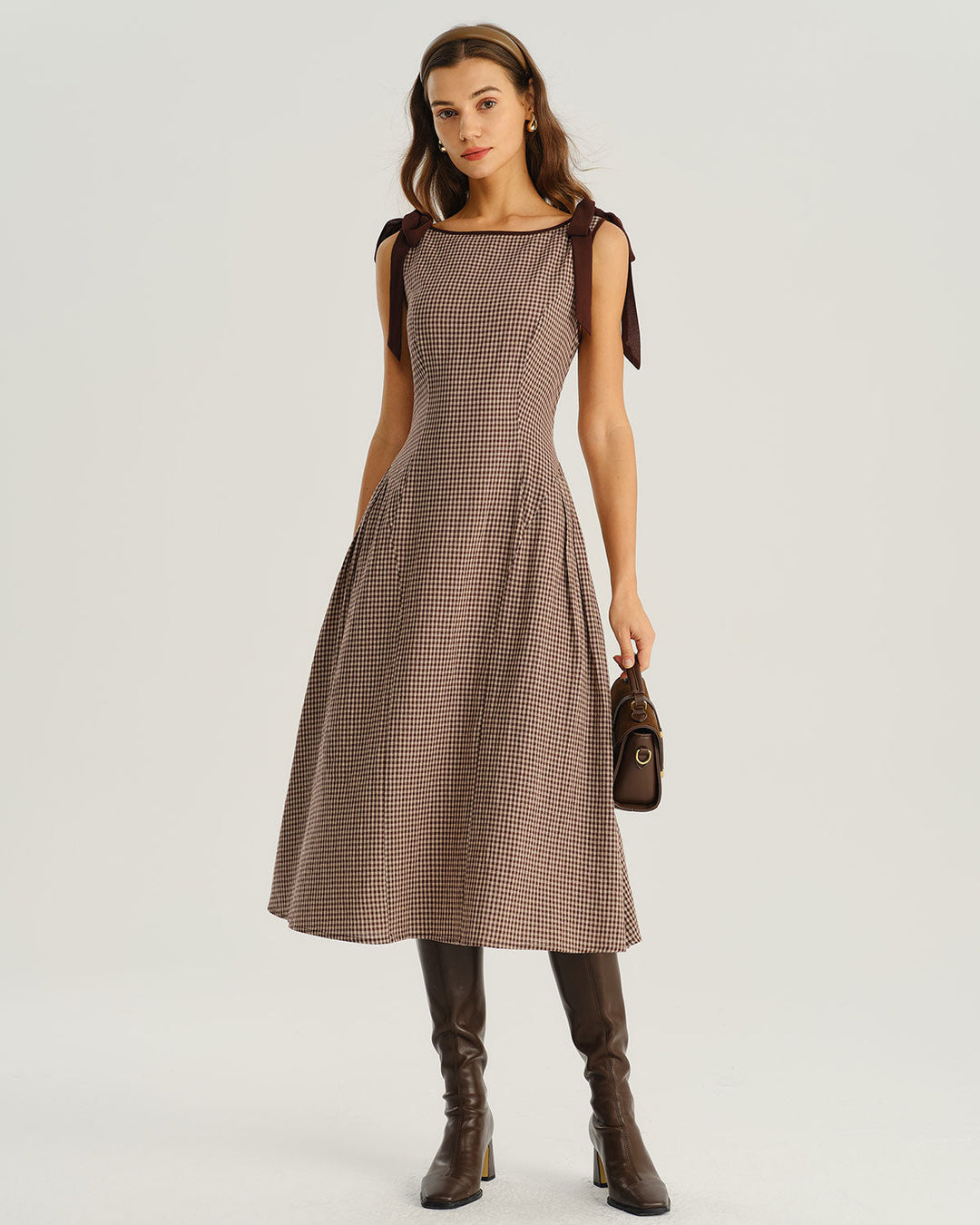 Brown Plaid Boat Neck A-Line Midi Dress